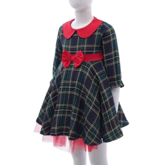 Girl’s Long Sleeve Bowknot Checked Tutu Princess A-Line Party Dress - Picture 2 of 5